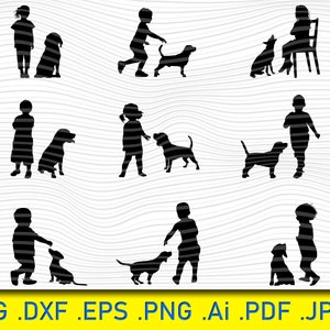 18 kinderen met honden silhouetten, honden SVG, puppy's svg, honden snijden bestand, honden clipart, kinderen clipart, gesneden bestanden lachende kinderen cijfers Svg