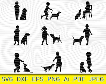 18 Kids with Dogs silhouettes, Dogs SVG, Puppies svg, Dogs Cutting File, Dogs Clipart, kids clipart, cut files Laughing Children figures Svg