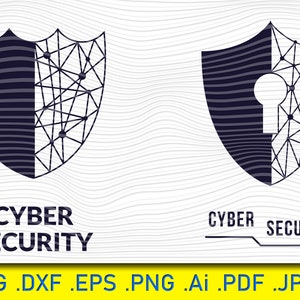 May include: Two shield-shaped logos with a cyber security theme. One shield has a keyhole, the other does not. Both shields are divided in half, with one side featuring horizontal lines and the other a network of connected dots and lines. The text "CYBER SECURITY" is below the shields.