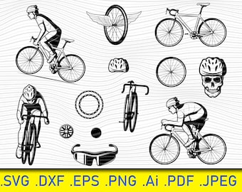 14 Cycling Elements, Cyclist svg, Bicyclist svg, Cyclist Silhouette, Bike SVG, Cycling svg, mountain bike svg, Sport CutFile, Summer, Trawel