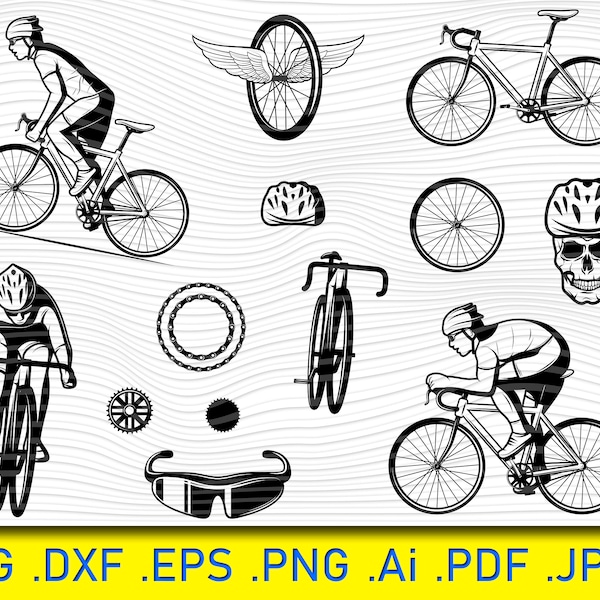 14 Cycling Elements, Cyclist svg, Bicyclist svg, Cyclist Silhouette, Bike SVG, Cycling svg, mountain bike svg, Sport CutFile, Summer, Trawel