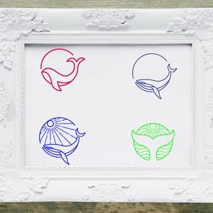 May include: Four different line art designs of a whale with a sun in a circle. The whale is red, blue, blue, and green. The sun is red, blue, blue, and green.