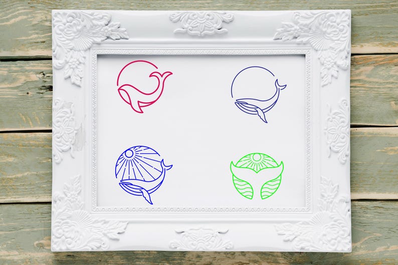 May include: Four different line art designs of a whale with a sun in a circle. The whale is red, blue, blue, and green. The sun is red, blue, blue, and green.