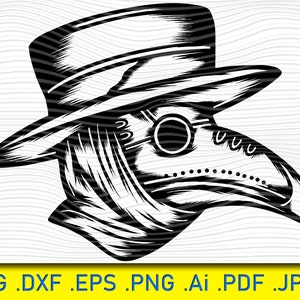 May include: Black and white illustration of a person wearing a plague doctor mask and a wide-brimmed hat.