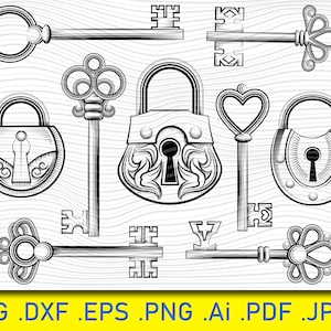 Paquete de llaves SVG, Llave mágica SVG, Llave vintage SVG, Cerradura SVG, Llave cerradura clipart vector png dxf eps archivo de corte de plantilla para Cameo silueta cricut vinilo