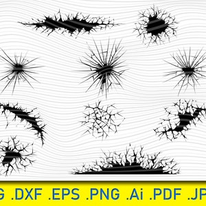 May include: A set of ten black and white vector illustrations of cracked or broken surfaces. The cracks are in various shapes and sizes, and some have a jagged edge. These illustrations could be used for a variety of purposes, such as creating backgrounds, textures, or patterns.