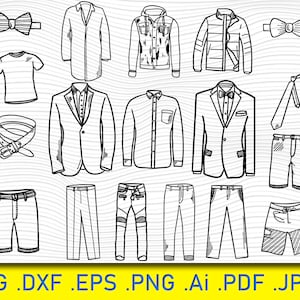 18 Abbigliamento maschile, Vestiti alla moda Svg, Vestiti Svg, Disegno di un vestito, Vestito Svg, Cravatta, Fiocco Svg, Collezione di vestiti, Silhouette, Giacca, Cappotto, Svg