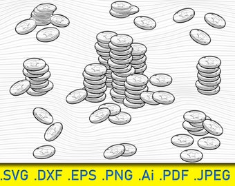 Stack Coins, Coins Outline SVG, Money Svg, Coins Svg, Coins Clipart, Coins Files for Cricut, Coins Cut Files For Silhouette, Coins Dxf, Png