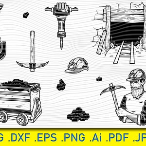 Könnte beinhalten: Schwarz-weiß-Linienzeichnung eines Bergmanns mit Spitzhacke, einem Grubenwagen voller Kohle, einer Schaufel, einem Presslufthammer, einem Helm und einem Mineneingang.