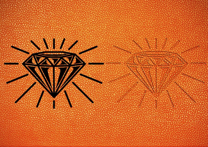 May include: A black diamond shape with radiating lines on an orange textured background. The diamond is outlined in black and has a white interior.