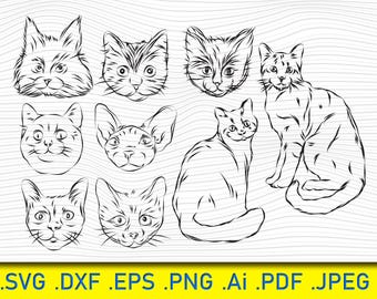 Pacchetto SVG di gatti carini, SVG di gatto divertente, SVG di gatto stilizzato, SVG di gattini, Facce di gatto SVG, Clipart di gatto, SVG di miagolio, Ritratto di gatti Png, Eps, Png, Dxf