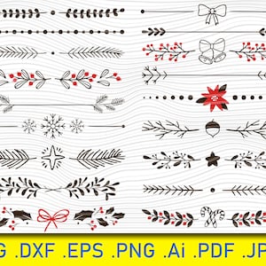 May include: A collection of hand-drawn Christmas and winter-themed dividers. The designs include bows, berries, snowflakes, and pine branches. The image also includes file type extensions: .SVG .DXF .EPS .PNG .Ai .PDF .JPEG.
