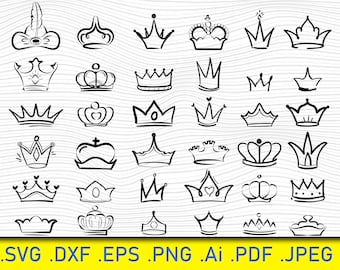 May include: A set of 36 black and white crown illustrations. The crowns are drawn in a variety of styles, including simple, ornate, and whimsical.