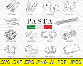 Types Italian Pasta, Pasta svg, Spaghetti svg, Pasta digital set, noodle, macaroni, Italian food, pasta spaghetti svg, Italian pasta bundle