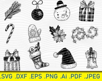 12 Christmas doodle, Christmas graphics, Hand drawn Christmas clipart, Doodle clipart Christmas elements svg Commercial Use, santa, holiday