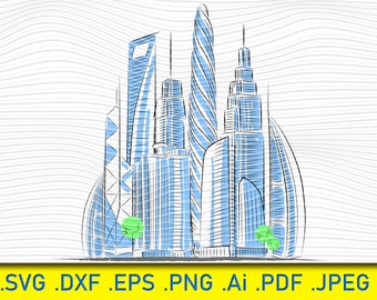 Eco Green Buildings Icons, Skyscrapers Isolated Sketch, City skyscrapers silhouette svg bundle, skyline svg, city svg, skyscraper svg, town