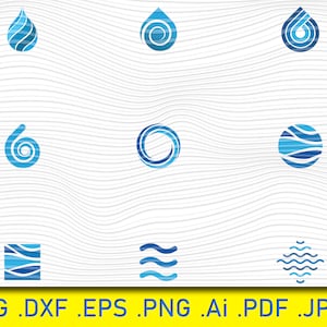 Acqua pulita, gocce onde, simboli creativi, concetto di carattere, vortice fresco, colore blu, logo aziendale astratto, oceano, mare, spruzzi d'acqua Svg, onda