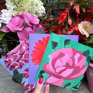Conjunto de 3 cartões de felicitações (rosa abstrata, flor vermelha, hortênsia)