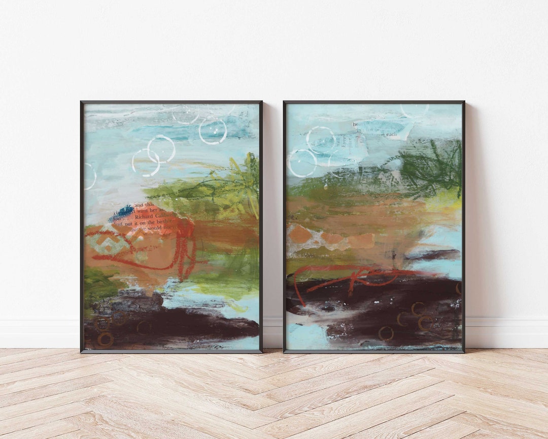 Abstract Landscape Art Prints: Warm Blue, Green & Rust Tones (digital ...