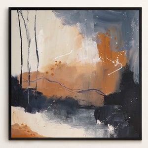 Peut inclure: Peinture abstraite avec un m&eacute;lange de peinture beige, marron, bleu et blanc. La peinture a un aspect textur&eacute; et pr&eacute;sente quelques petits points de peinture orange.