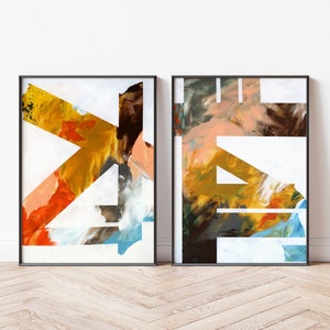 Set of 2 Colorful, Abstract Art Prints in Warm Tones of Peach, Gold, Brown, and Orange, Modern Geometric Stripe Art, Instant Download