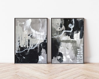 Set of 2 Black, White, Gray, and Beige Abstract Art Prints, Printable Modern Art, Instant Download, Neutral Wall Decor