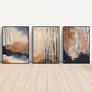 Set of 3 Printable Abstract Art, Blue, Beige, Rust, and Cream Color Art, Modern Landscape Art Set, Instant Digital Download