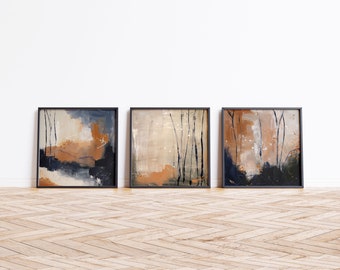 Set of 3 Square Printable Abstract Art, Blue, Beige, Rust, and Cream Color Art, Modern Landscape Art Set, Instant Digital Download