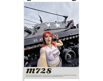 May include: A poster featuring a selfie with a military tank. The tank is dark gray with the text "US AR" and a white star. The person in the selfie is wearing a pink shirt with a graphic and has red hair. The poster has the text "m728".