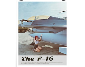 May include: A poster featuring an F-16 fighter jet with a person kneeling beside it. The poster has the text "The F-16" at the bottom, along with a description of the aircraft. The jet is light gray with a yellow canopy.
