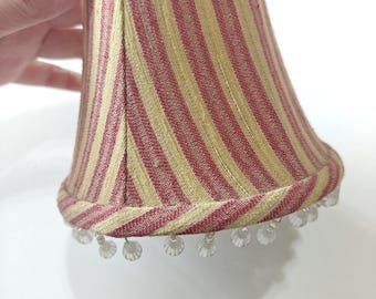 Vintage Victorian Red Beige Striped Fabric Clip On Lamp Shade Beaded Fringe