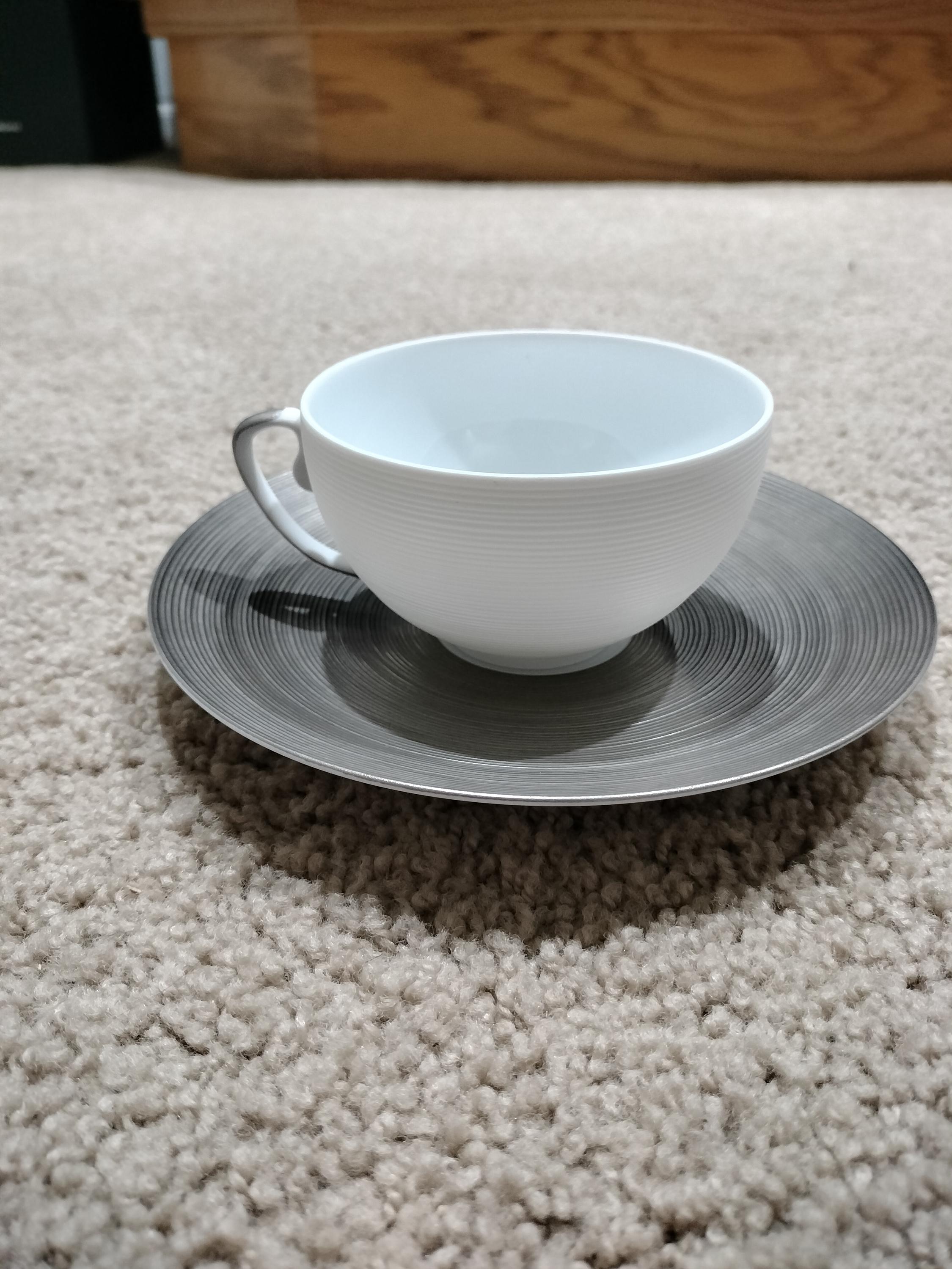 JL Coquet Limoges Hemisphere Platinum Tea Cup Saucer Set MINT