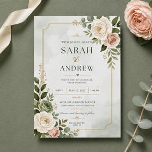 May include: A rectangular wedding invitation card featuring a white background with a gold border, decorated with watercolor illustrations of cream and pink roses and green leaves. The text includes the names Sarah and Andrew, date May 12, 2027.