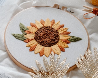 Muted sunflower embroidery pattern-  pdf pattern  6 inches hoops- youtube tutorial- embroidery pattern