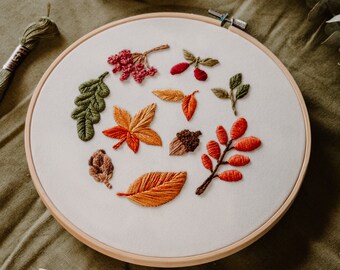 Autumn leaves and cherry embroidery pattern - 7inches hoops - PDF pattern