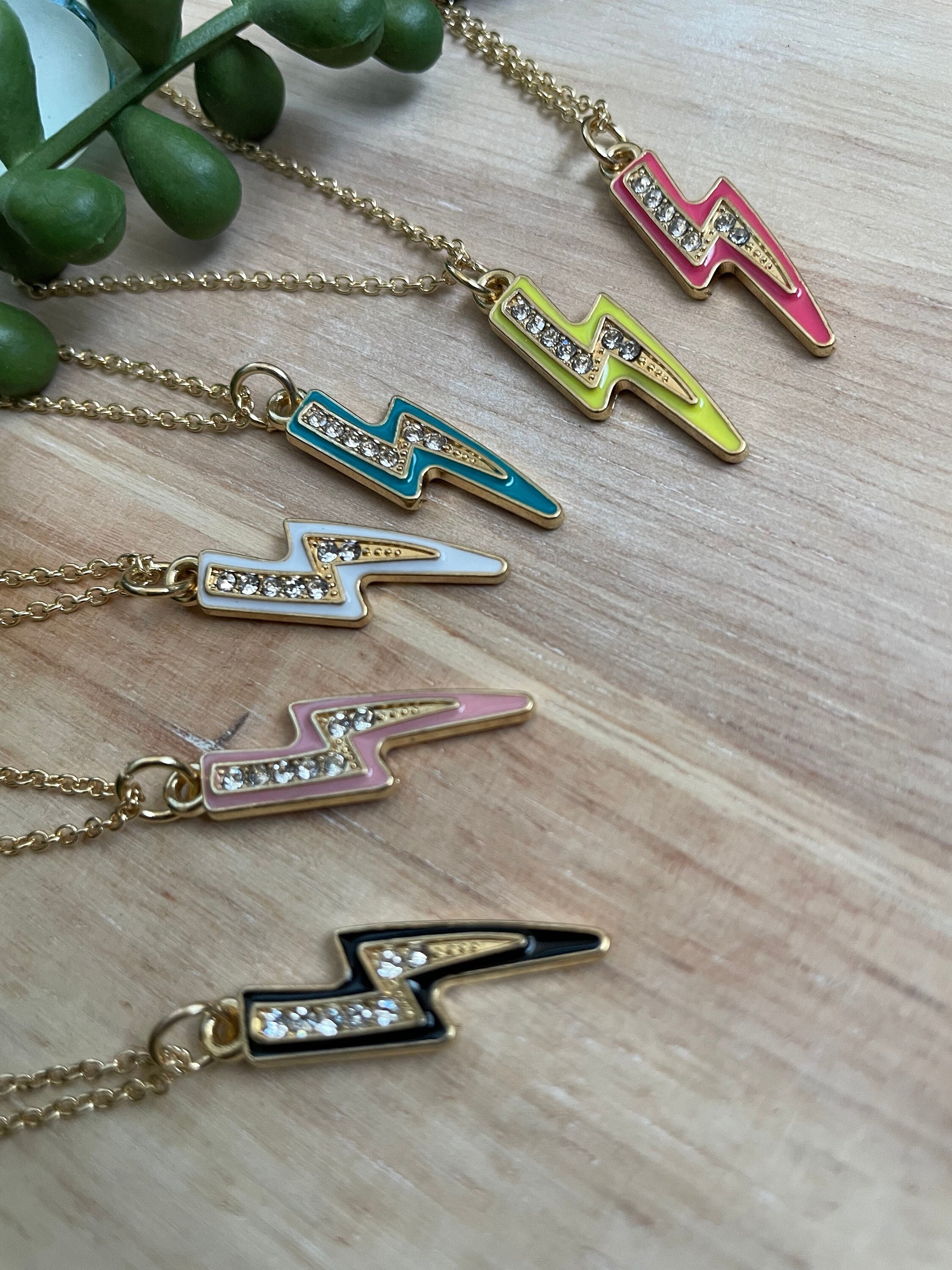 Retro Lightning Bolt Gold Necklace Colorful Lightning Bolt Jewelry