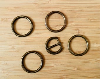 Antique Brass hardware set, Buckle, O Rings