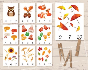 Fall Counting Cards • Clip Cards • Montessori Printables • Educational Printable