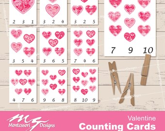 Valentine Hearts Counting Cards • Montessori Math Clip Cards (Digital Download)