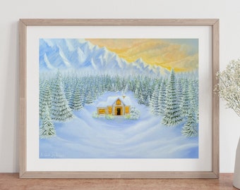 Snowy Winter Landscape Print, Pine Trees in the Snow, Cottage in the Woods, Sunset Mountain Painting, Winter Wonderland, Christian Wall Art