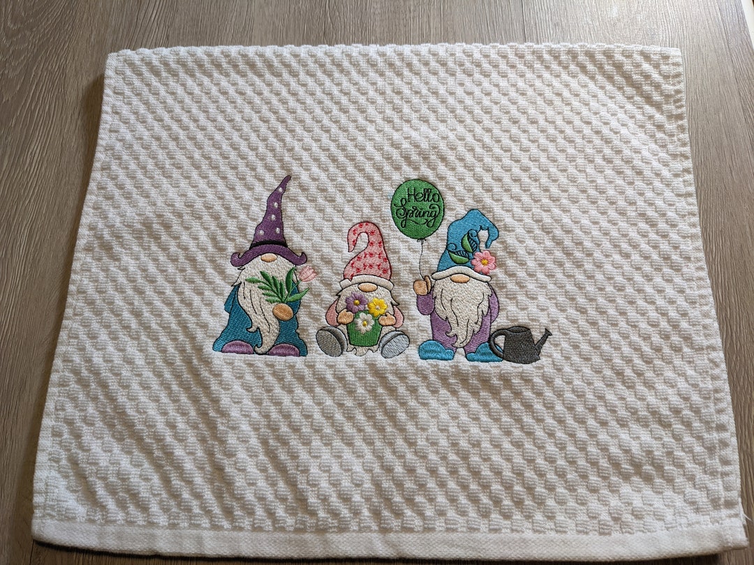 Spring Gnome Dish Towel, Gnome Towel, Embroidered Gnome Dish Towel