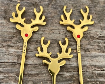 hot chocolate spoon, Gold colour  christmas eve box, personalised spoon, reindeer gift