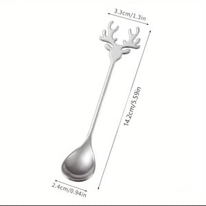 May include: Silver reindeer stirring spoon with a long handle, measuring 5.59 inches in length and 0.94 inches wide.