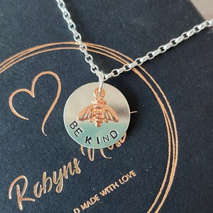 Hand Stamped Sterling Silver Bee Kind Necklace: Rose Gold Bee