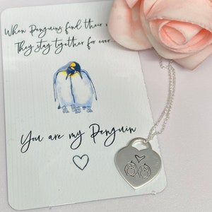 Valentines gift, 925 silver necklace, anniversary, gift set, penguin, heart personalised