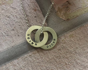 Hand Made Hand Stamped Personalised Double Circle Pendant Necklace 925 Silver