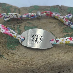 medical alert bracelet, personalised,women, medical ID, emergency bracelet,  tag,  gold, rose gold, silver pewter, Liberty London,  cotton