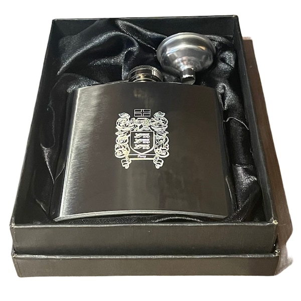 Hip flask coat of arms family name personalised family crest shied gift box plaque 6oz
