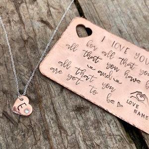 Personalized Copper Wallet Insert Card & Sterling Silver Heart Necklace Gift Set