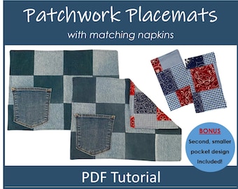 May include: Two denim patchwork placemats with a pocket detail. The placemats are made of blue denim and green fabric. The image also shows two matching napkins with a patchwork design of blue, white, and red fabric. The text "Patchwork Placemats with matching napkins" and "PDF Tutorial" is visible at the top and bottom of the image. The text "BONUS Second, smaller pocket design Included!" is visible in a circle at the bottom right of the image.
